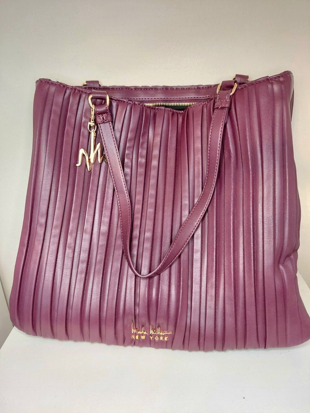 Nicole Miller New York Pleated Faux Vegan Leather Tote Bag Burgundy Gold Details